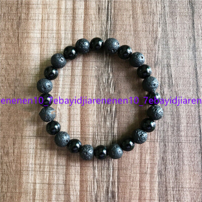 Natural 6/8/10/12mm Black Agate & Volcanic Black Lava Round Bead Bracelet 7.5 in