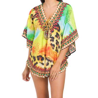 NWT LA MODA Women's Rhinestone Embellished Luxe Resort Swim Caftan Cover-up