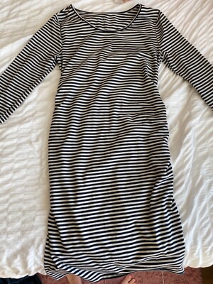 grey and white striped maternity dress Striped Smocking Tiered Maternity Midi Dress CHAMBRAY / X-LARGE