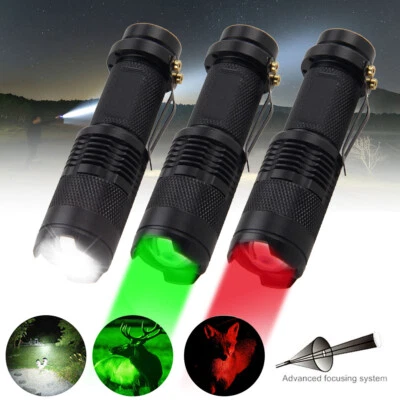 VASTFIRE LED Flashlight Zoom Torch Clip Adjustable Focus Hunting Green/Red/White