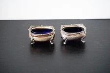 Vintage Silver Plate Cobalt Glass Salt Dishes Set 2 Mappin & Webb