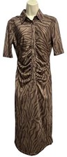 Hansen Gretel Valencia Midi Dress Size M Brown Metallic Animal Print Ruched S/S
