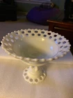 Vintage 9” x 7” Milk Glass Pedestal Fruit Bowl, Lace Edge, Footed Bowl
