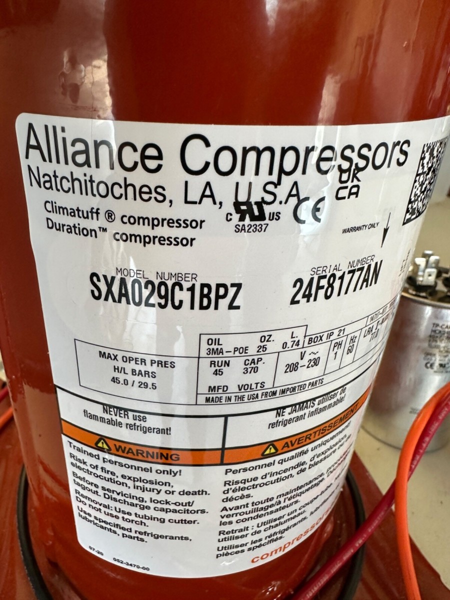 Alliance Compressors Central AC Scroll Compressor SXA029C1BPZ