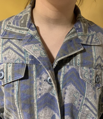 Vintage 80/90s Blue Geometric Pattern Jean Jacket Women's Medium/Large 3 Pockets - Picture 6 of 20
