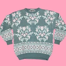 women's Sz M vintage 80s teal  pink floral patterned knit grandma sweater