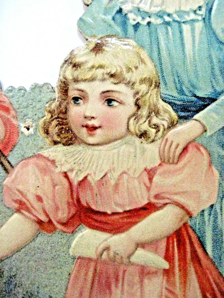 Encantador troquelado grande vintage de (3) niños alimentando dos cisnes * Foto 4 de 4