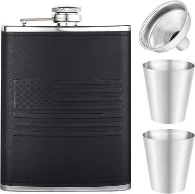 8Oz Black Leather American  Flag Hip Flask for Liquor for Men Stainless Steel 