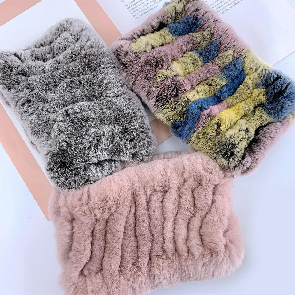 Diademas de piel de conejo Rex real hechas a mano para mujer bufandas invierno cálido elástico rebotar Foto 3 de 4