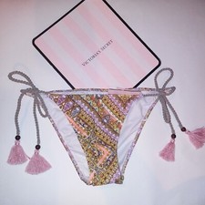 Victoria Secret Swim Bikini Bottom Medium String Tassels Geo Tie Up Multi New