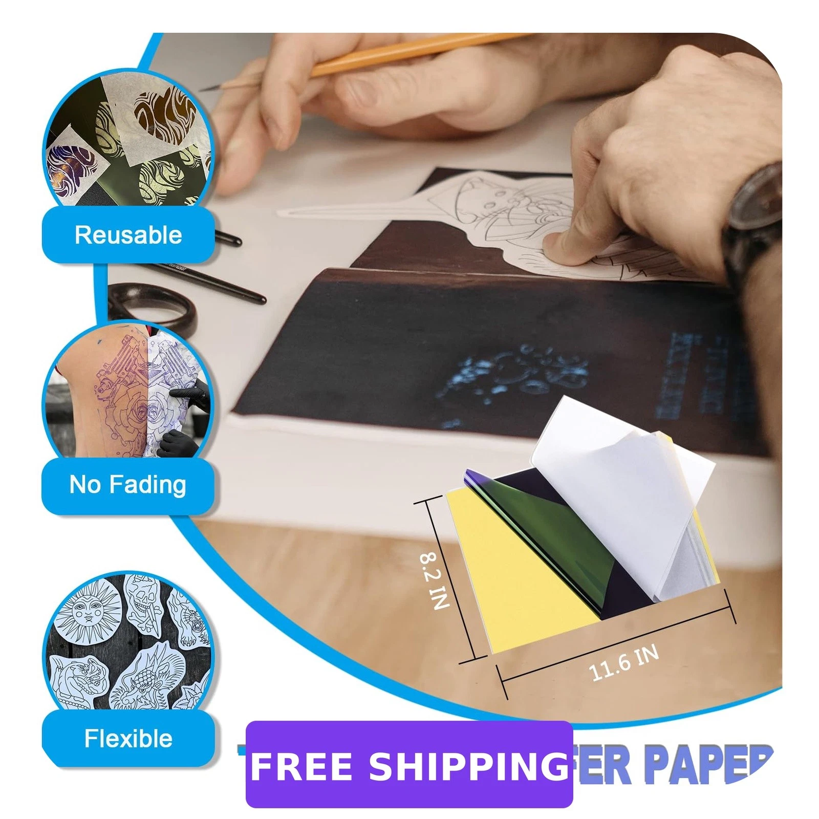 Emalla 3MM Tattoo Practice Skin Kit 3pcs Fake Skin 10pcs Transfer Paper - product detail image 2