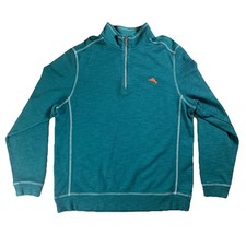Tommy Bahama Sweater Mens L Blue Green Teal Pullover Long Sleeve Marlin 1/4 Zip