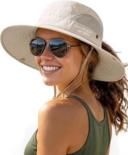 Women Sun Hat Wide Brim UPF80 UV Protection Ponytail Foldable Hiking Cap