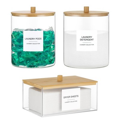 Glass Jars and Acrylic Dryer Sheet Holder, Laundry Pods Container with Bamboo...