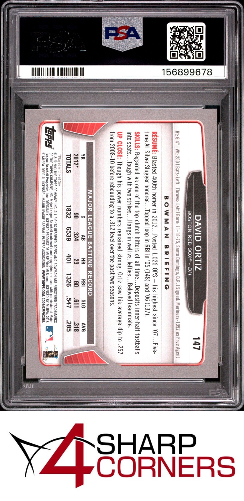 2013 BOWMAN #147 DAVID ORTIZ RED SOX HOF PSA 10 view 2