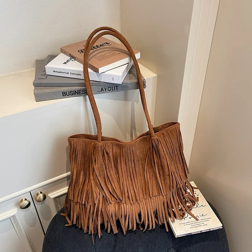 Unisex Suede Tote Bag With Tassel, Single Shoulder Strap, Perfect For Winter