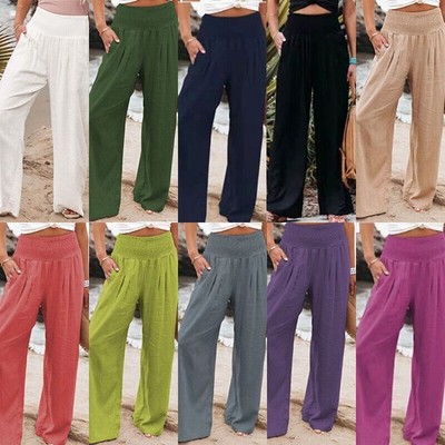 Trousers Leg Women Polyester Elasticated Long Pants Wide  Waist Bottoms  Ladies