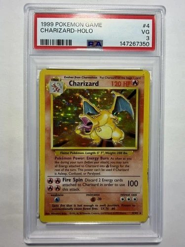 1999 POKEMON BASE SET UNLIMITED #4 CHARIZARD-HOLO PSA 3