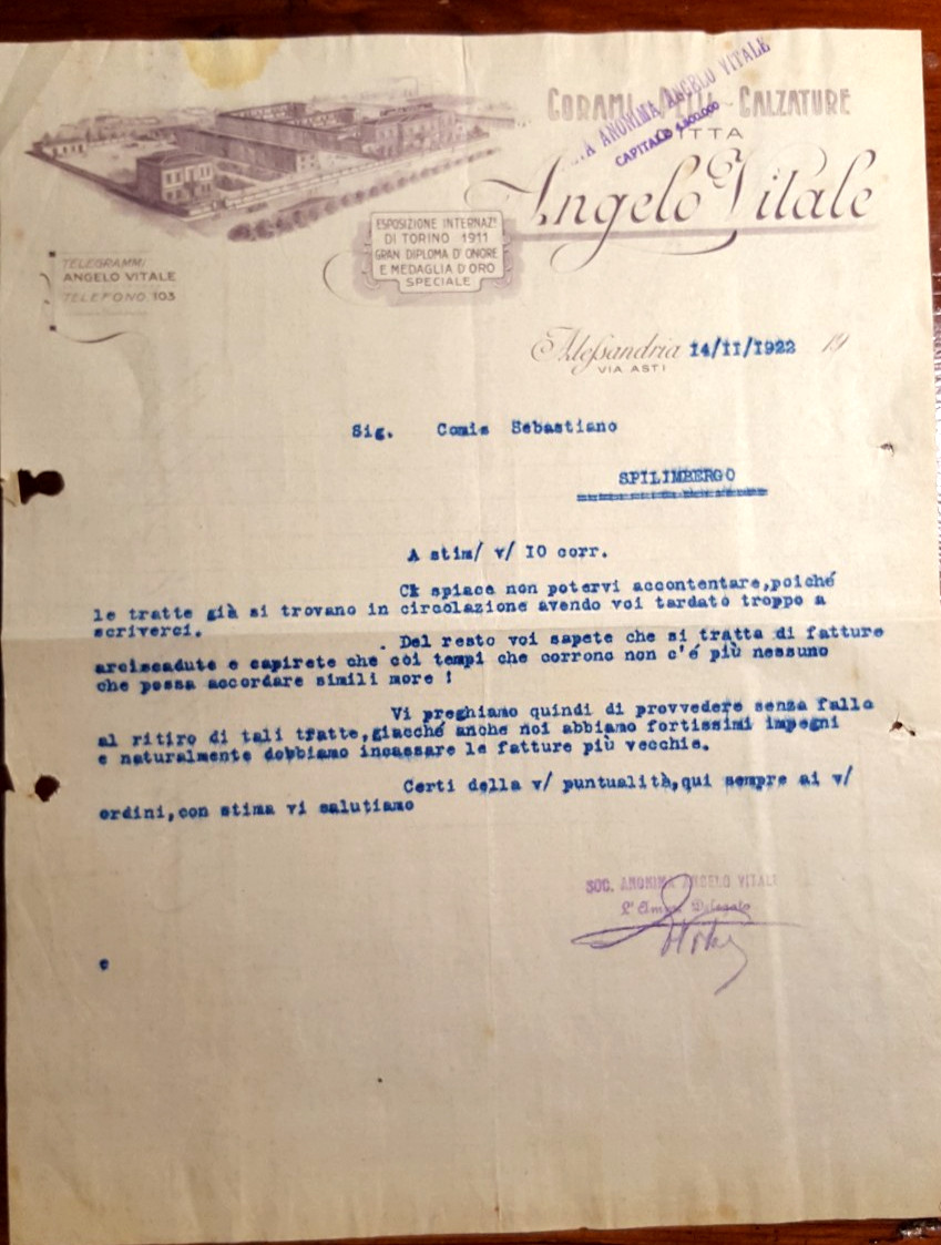 18962-FATTURA,ALESSANDRIA ANGELO VITALE -CORAMI, PELLI, CALZATURE, X SPILIMBERGO