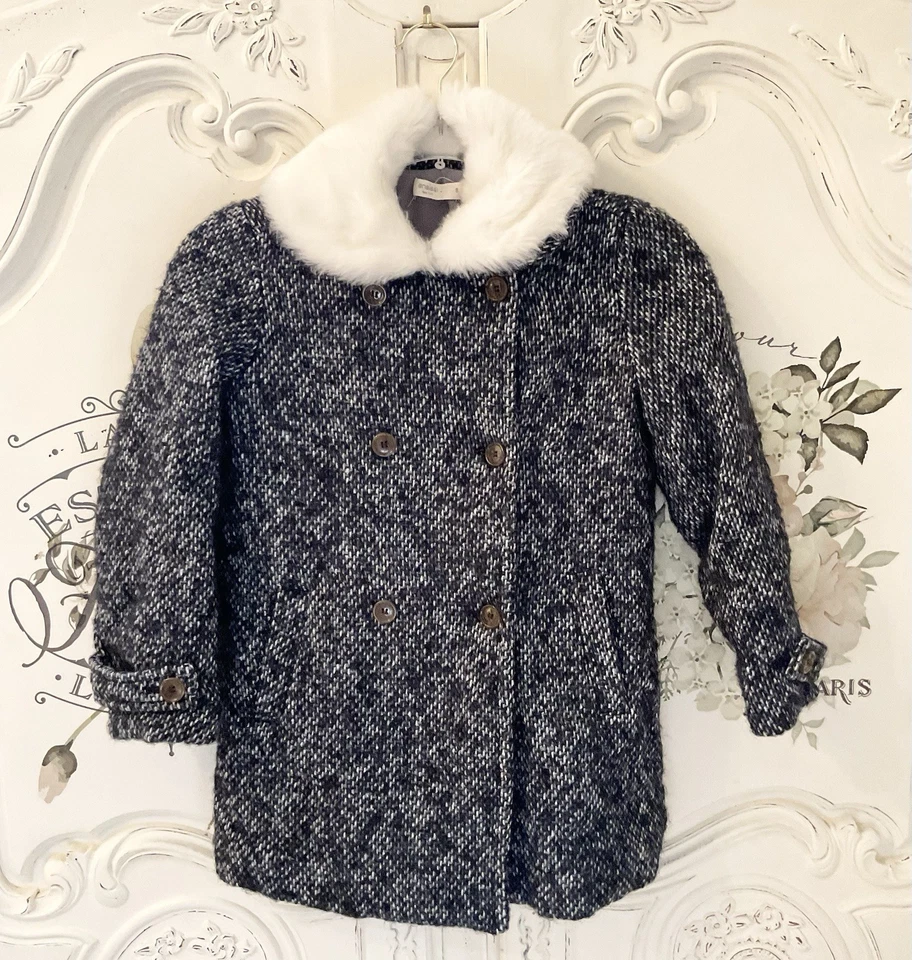 Anais & I Girls Coat 8 Black Blue White Tweed Removable Fur Collar Vintage USA - Image 2 of 4