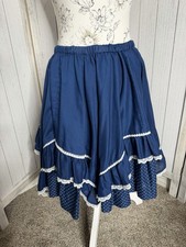 Vintage Square Dance Rockabilly Blue White Tiered Skirt Polka Dot Size Medium