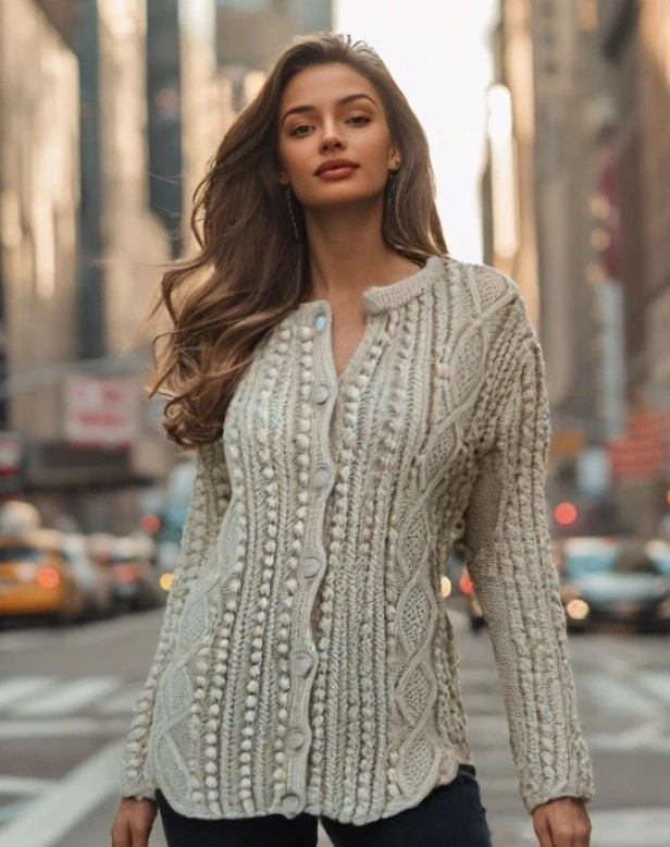 Fisherman Cableknit Sweater Handknit Womens Size Large Ivory Wool Cardigan Long