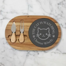 Engraved Cat Charcuterie Board — The Cat Is Watching, Choose Wisely