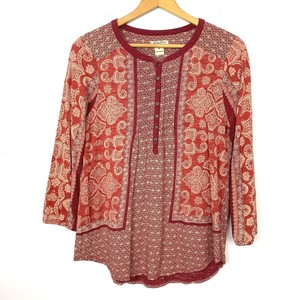 Lucky-Brand-Women-s-Shirt-Size-Medium-3-4-Sleeve-Blouse-Red-Orange-Boho-top