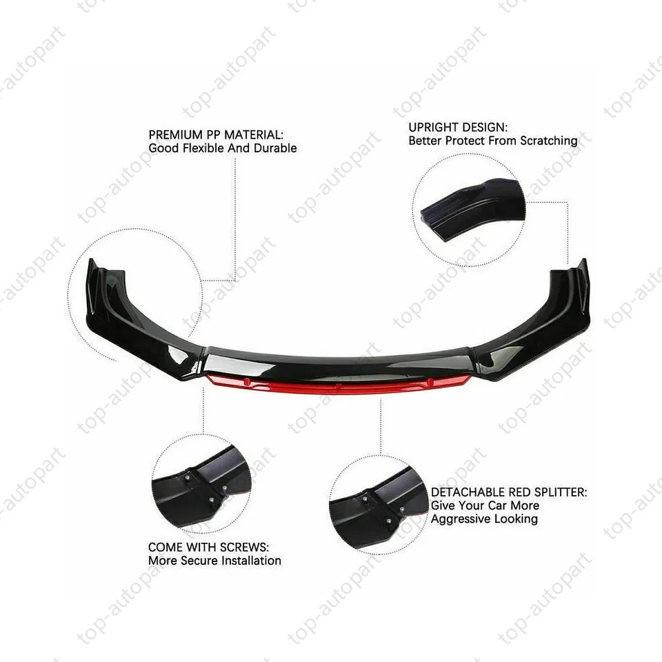Front Bumper Lip Spoiler/ Body Kit+Side Skirt Glossy black-Red For Honda Civic - Image 4 of 4
