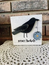 Stay Awhile Layered Crow & Daisy Block Primitive Style Shelf Sitter Tiered Tray