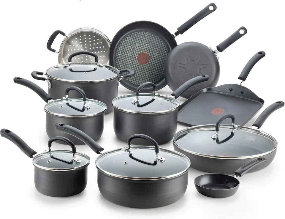 T-fal Ultimate Hard Anodized Nonstick Cookware Set 14 Piece, Oven Broiler Safe 400F, Lid Safe 350F, Kitchen Cooking Set w/ Fry Pans, Saucepans, Griddle, Dutch Oven, Pots & Pans, Dishwasher Safe