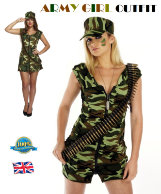 Sexy Army Girl Costume Dress Cap Women's Military Fancy Dress Outfit