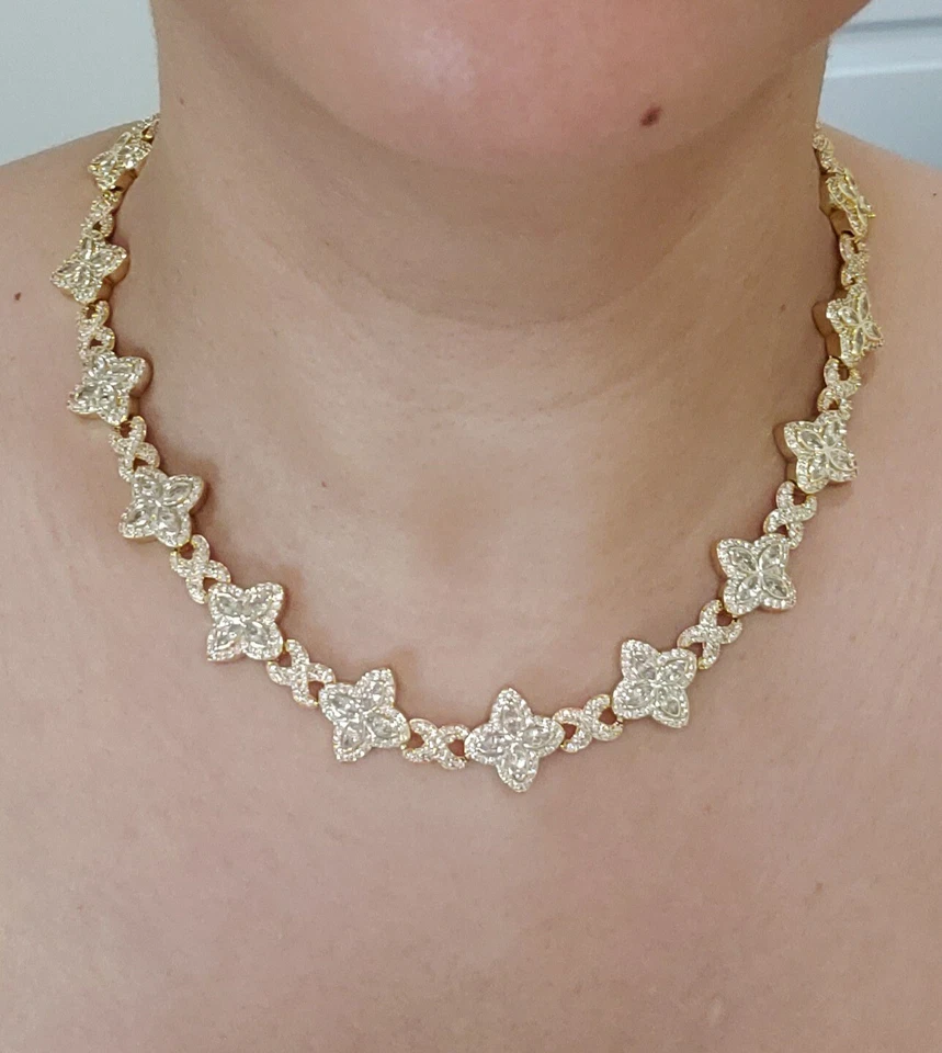 Juego de pulsera collar gargantilla 7" chapado en oro 14K circonita flor trébol 17,5" Foto 4 de 4