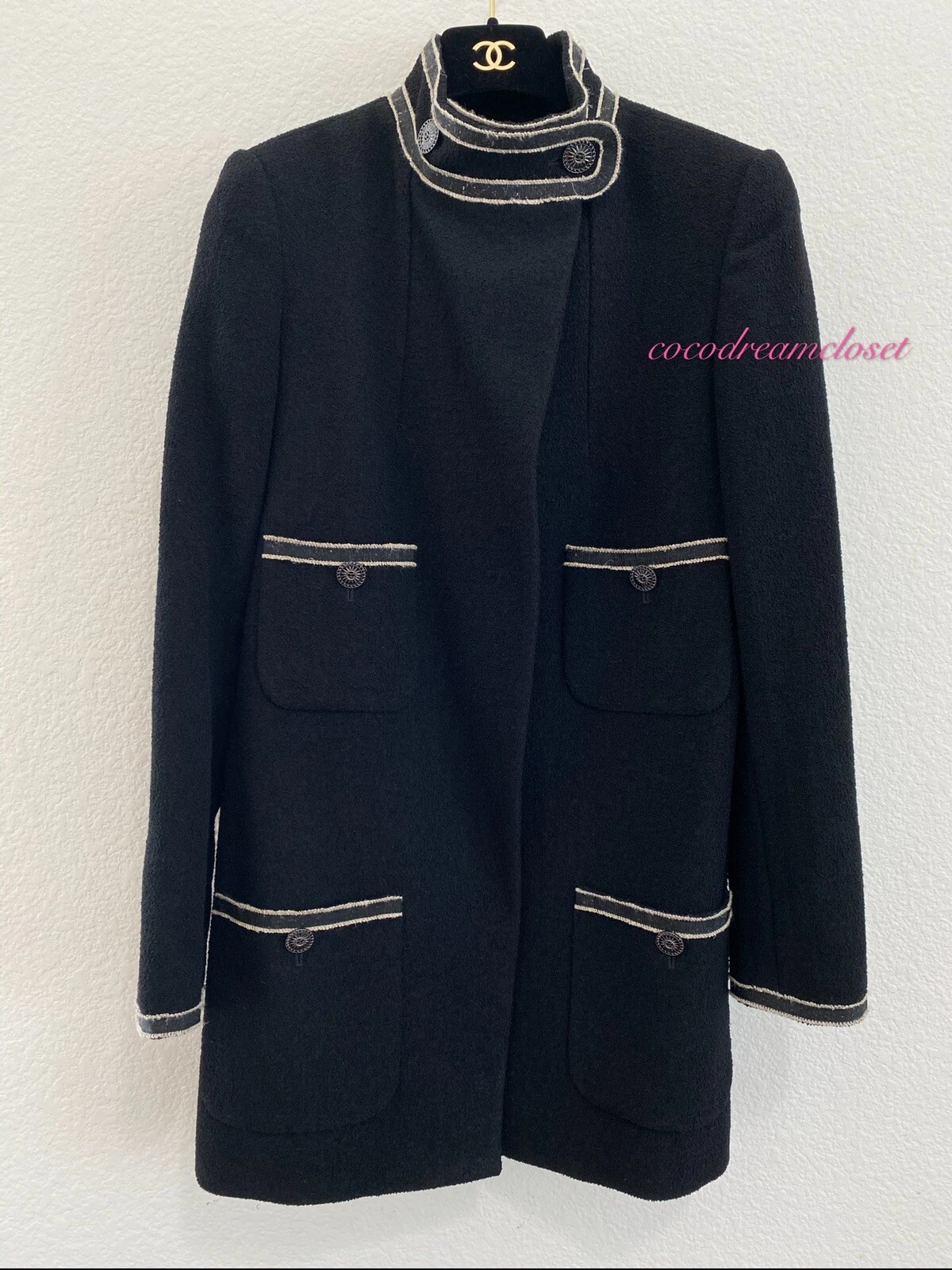 GIACCA CHANEL 14C MOST WANTED SENZA TEMPO NERO TWEED ECRU FINITURE A NASTRO TAGLIA 36