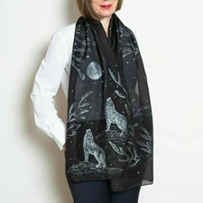 Wolf Hand Painted Scarf Black Long Silk Cotton Scarf Wolf Print Moon Mom Gift