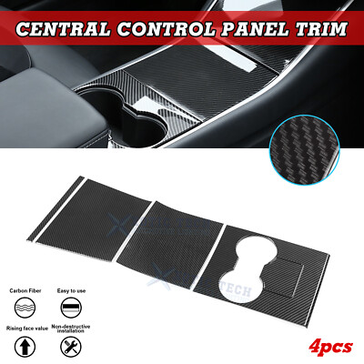 For Tesla Model 3 2017-20 Carbon Fiber Center Console Cup Panel Cover Trim 4Pcs