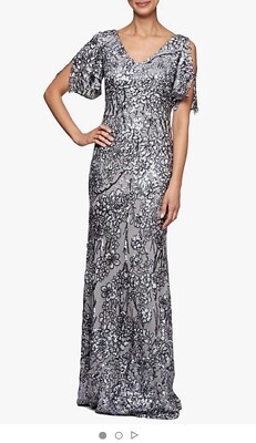 Alex Evenings Regular - V-Neck Sequin Dress with Cold Shoulder Flutter Sleeve Silver / 14