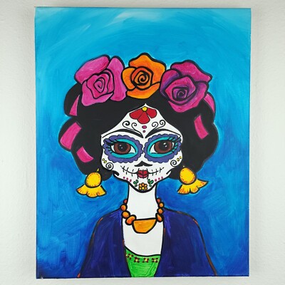 Frida Skull Painting Canvas Original Art 16x20 Acrylic Kahlo Mexican Dia Muertos