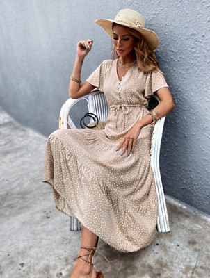 B10 Brown white polka dot flutter sleeve drawstring waist ruffle hem dress Sz M