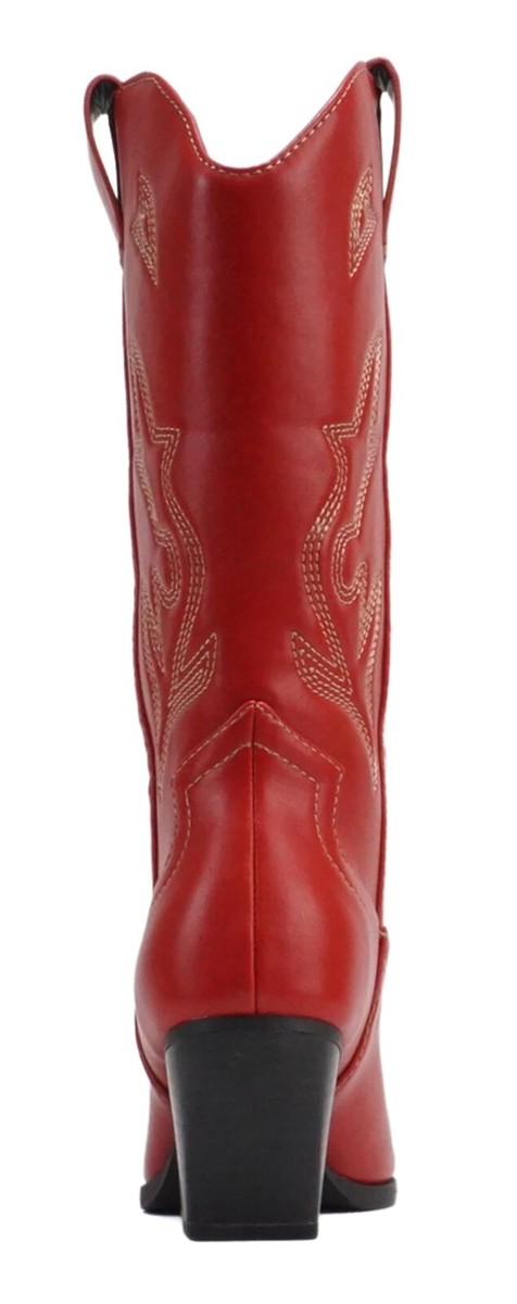 Soda Women's Red Cowboy Boots | Pointed Toe Mid-Calf Boots With Contrast Stitching