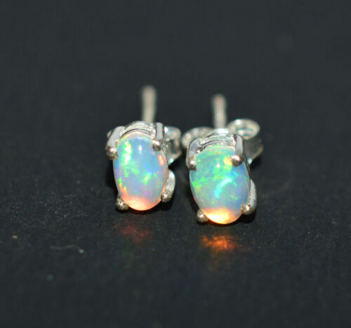 925 Solid Sterling Silver Ethiopian Opal Stud Earring - Picture 1 of 3