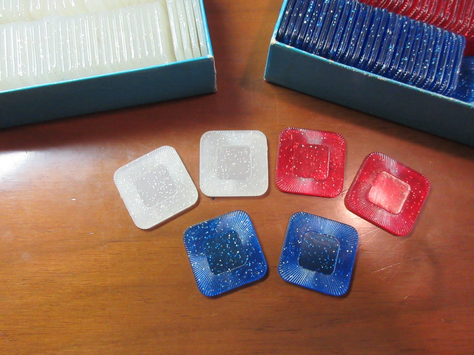 Vtg Crisloid Stardust Square Poker Chips 'They Can't Roll' Three Colors