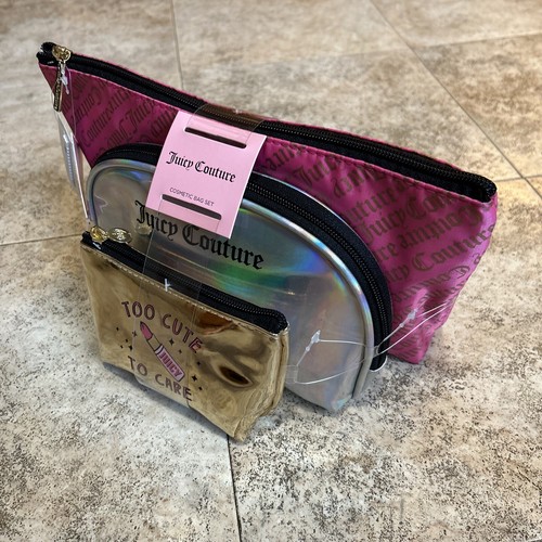 JUICY COUTURE Cosmetic Makeup Bag Set Pink Silver & Gold Toiletry Pouch 3 Pieces - Picture 2 of 6