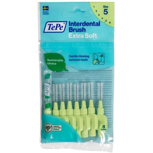 TePe Interdental Brush, Extra Soft, Green, 0.8mm/ISO 5, 8pcs | Plaque removal, Effective clean between the teeth, for Sensitive gums and teeth, Brush for small gaps - Image 2