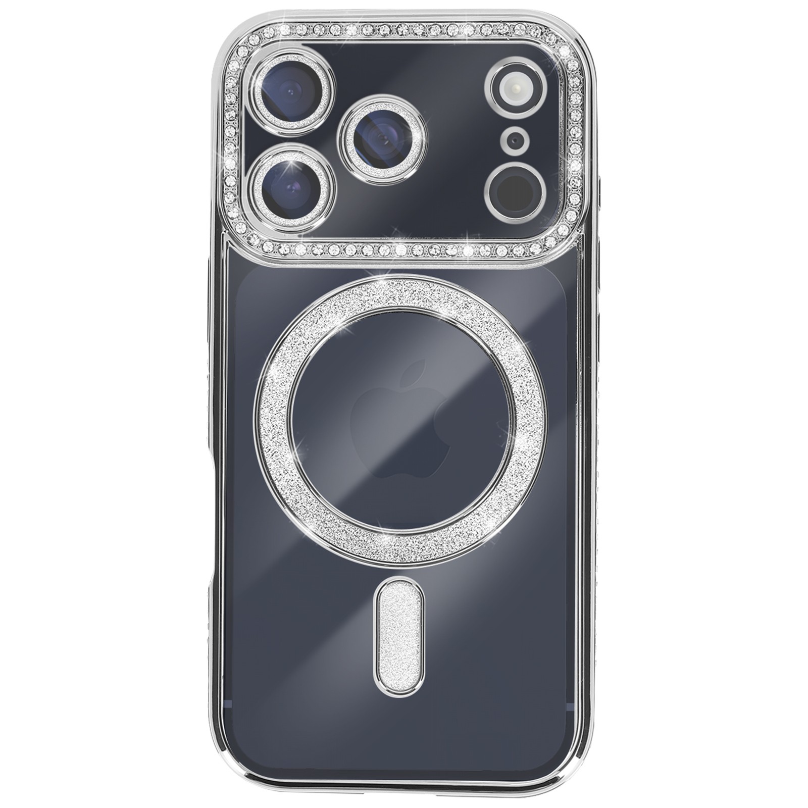 Coque iPhone 17 Pro Strass Brillants et Finition Luxueuse Argentée Avizar