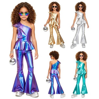 Girls Bodysuit Glossy Jumpsuit Themed Party Romper Peplum Waist Overall Shiny