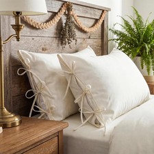 2 Pcs 100 Linen White Pillowcase Ties Queen Size 20 x 30 Inches Pillow Cover