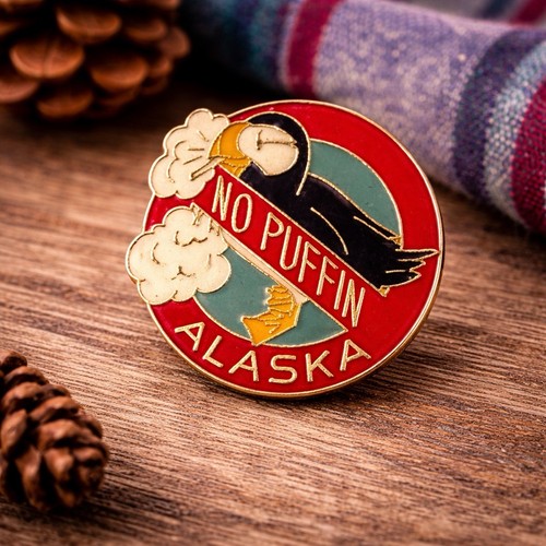 Unique Smoking No Puffin Vintage Alaska Enamel Souvenir Lapel Pin AK Collectible
