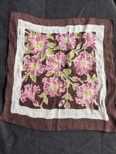 VTG Linen Handkerchief Pink Floral Design Brown Border