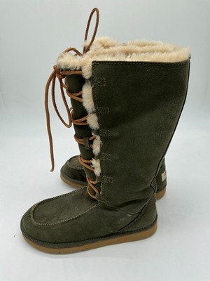 Ugg Green Tall Lace Up Boots Suede Whitley 5230 Women's 7 Green Olive Sheepskin